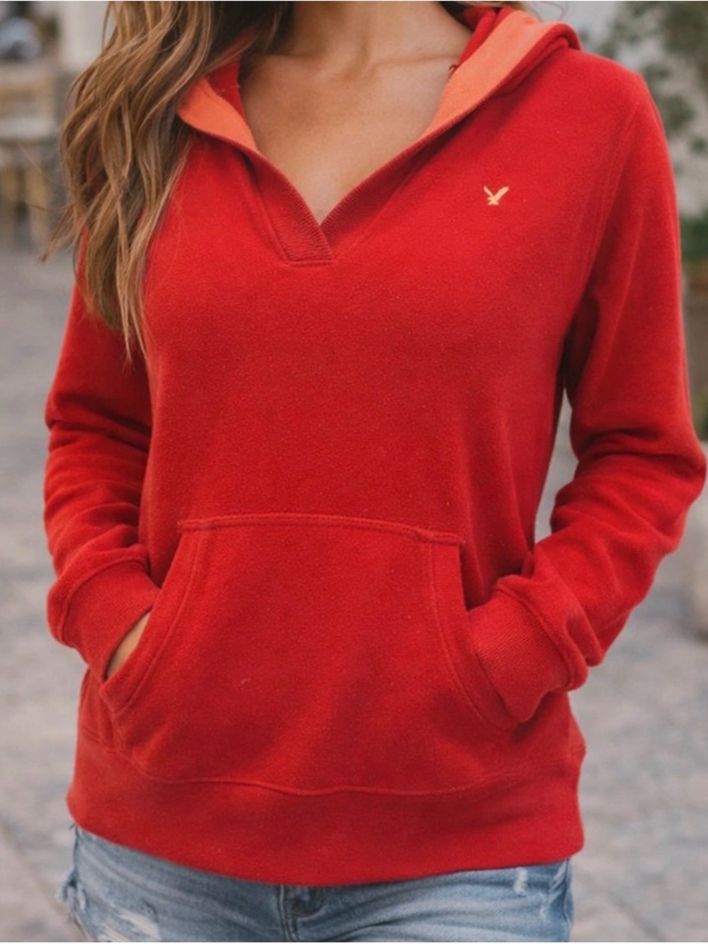 American Eagle Red Fleece Hoodie Y2K Style Cozy Hooded Pullover